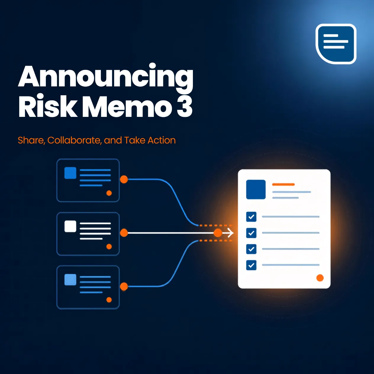 Diagram showing three checklists merging into one shared Risk Memo checklist, titled Announcing Risk Memo 3: Share, Collaborate, and Take Action