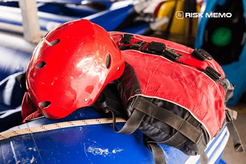 A red paddlesports helmet and buoyancy aid resting on a kayak