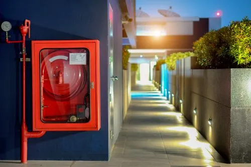 A red fire hose cabinet mounted on a wall beside a lit outdoor walkway at night