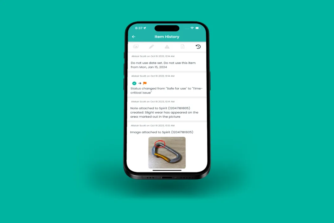 The Risk Memo app's Item History screen showing a status change and a photo attached to a piece of equipment
