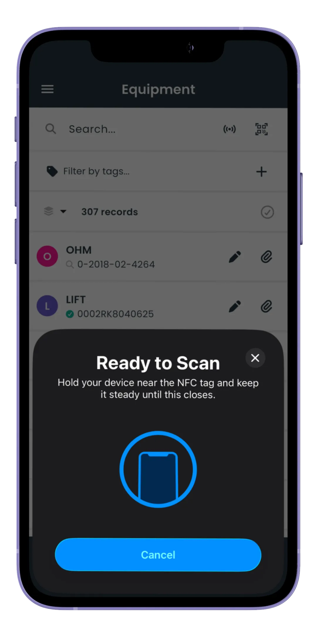 NFC & QR scanning screen in the Risk Memo app