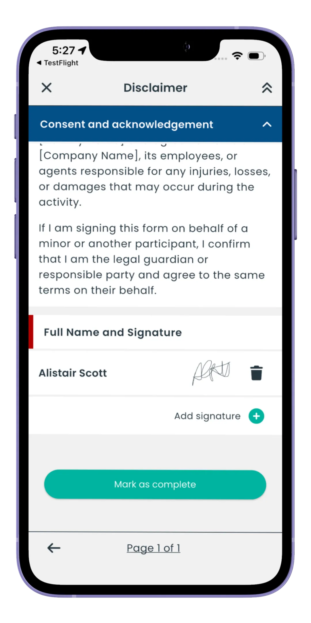Signature capture screen in the Risk Memo app