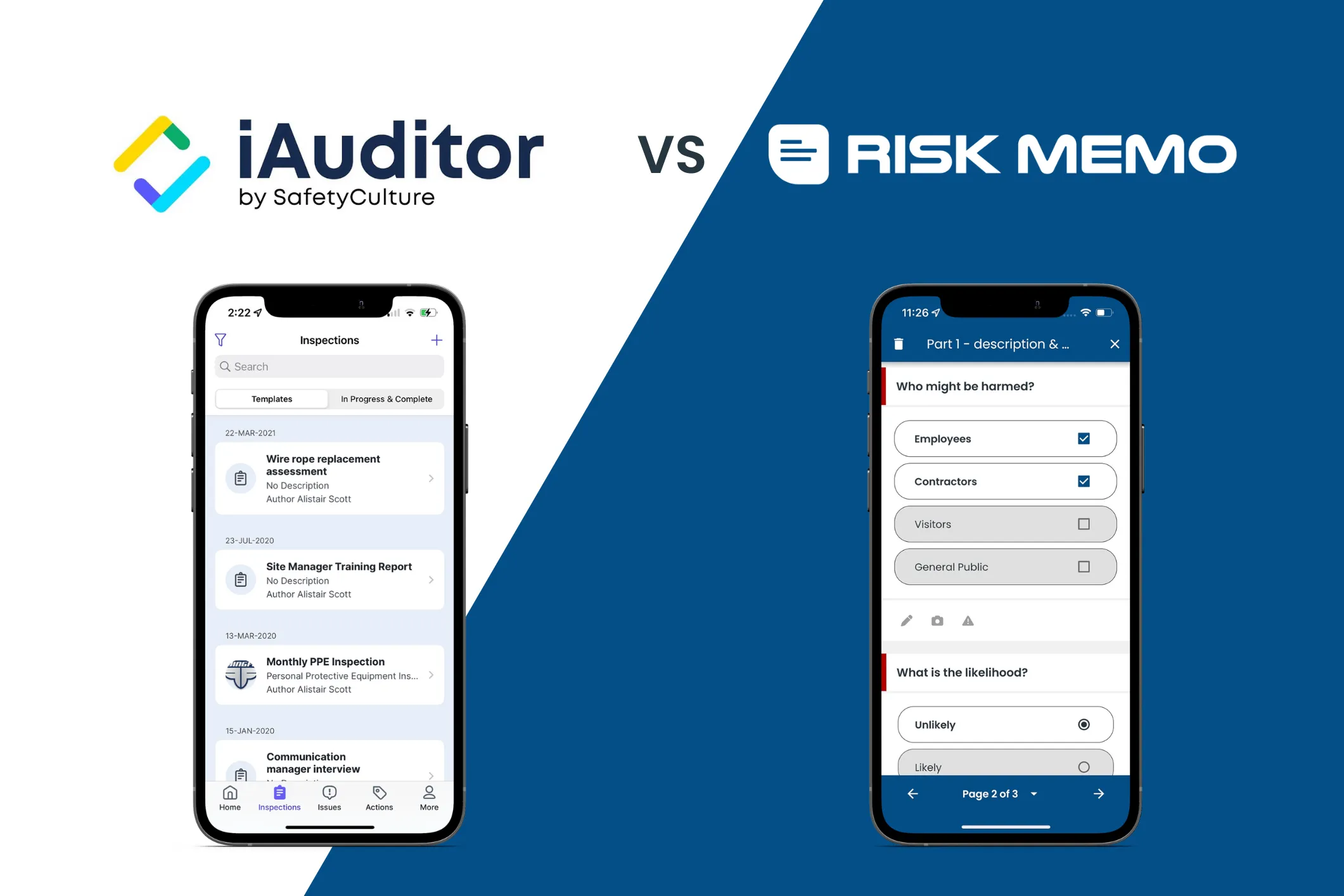 iAuditor by SafetyCulture and Risk Memo logos side by side above screenshots comparing the two apps' inspection screens