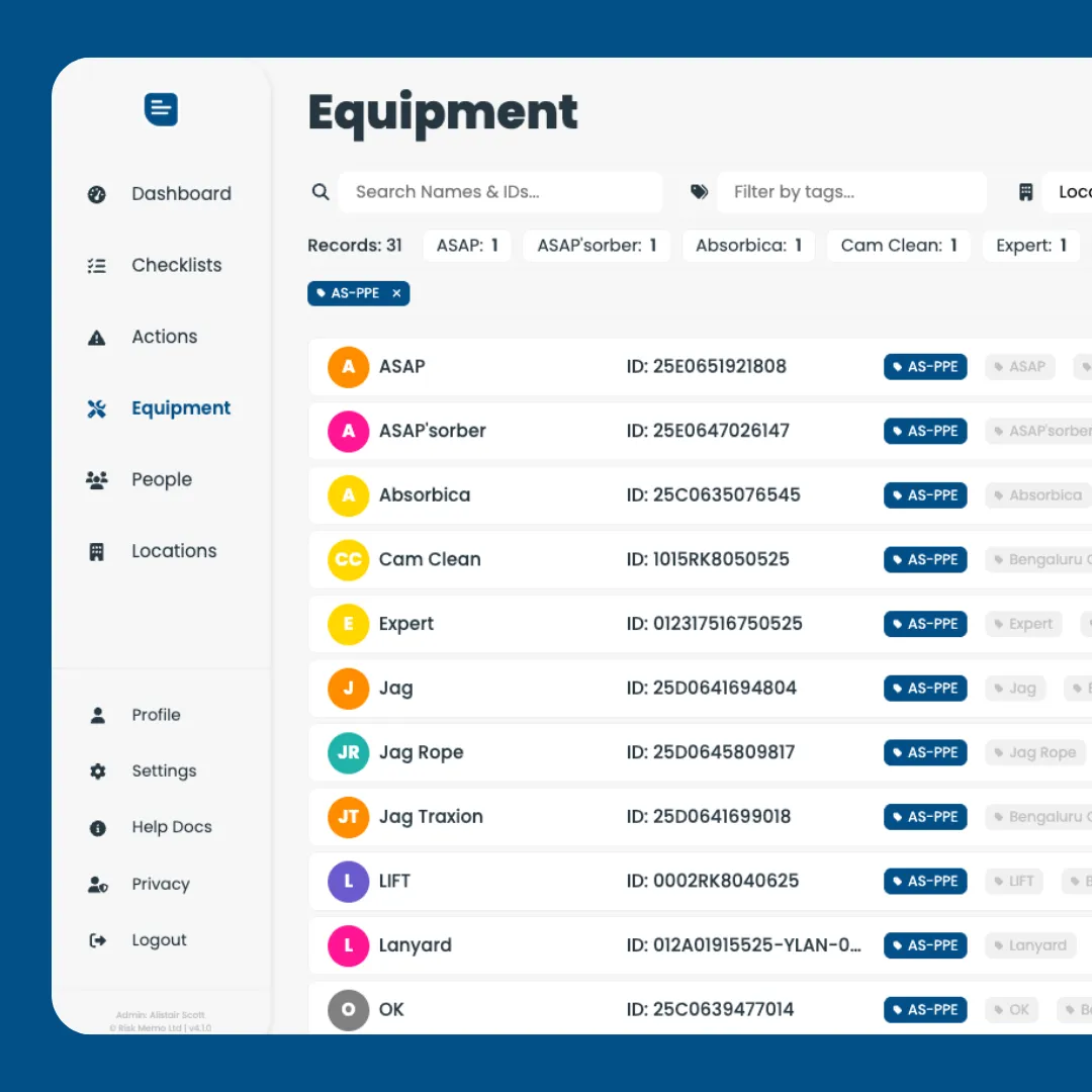 Equipment inventory with inspection due dates