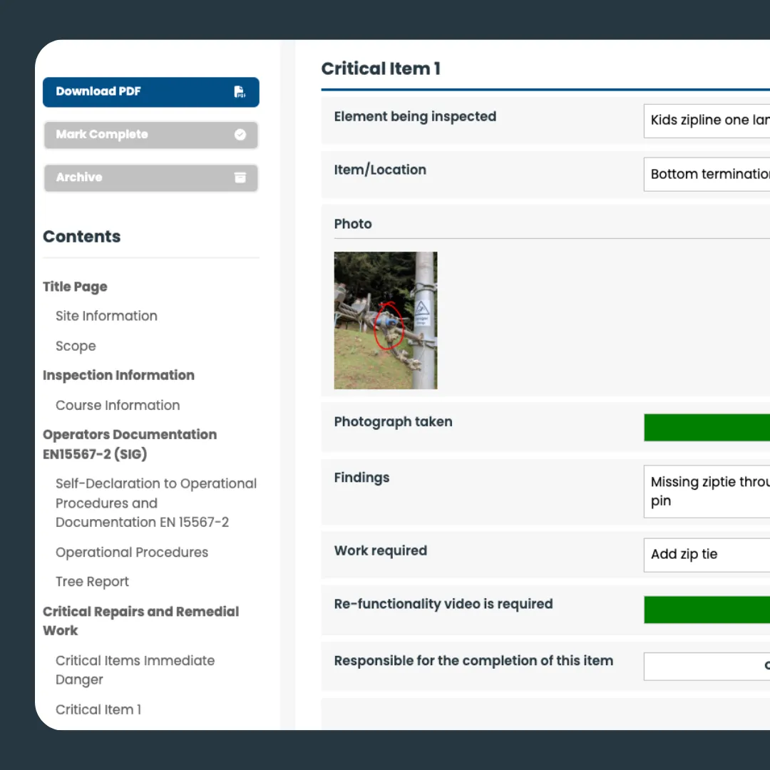 EN 15567 annual inspection report showing a critical finding in the Risk Memo app